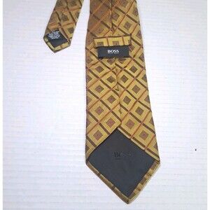 Hugo Boss Woven Silk Tie Mustard Sage Gold Bronze Geometric Made In Italy Formal